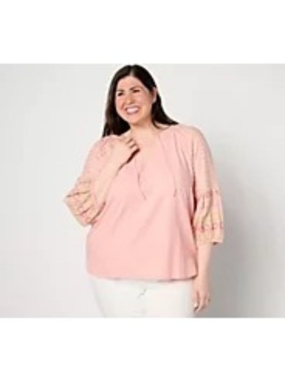 Denim & Co Canyon Retreat Split Neckl Top Embroidered Sleeve XL Pink